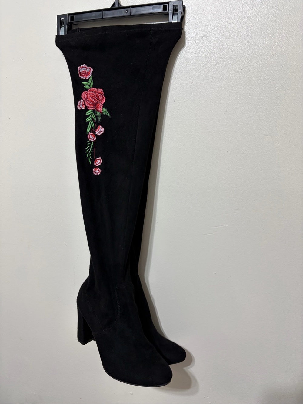 Madden Girl Black Over-The-Knee Boots with Pink Rose Embroidery